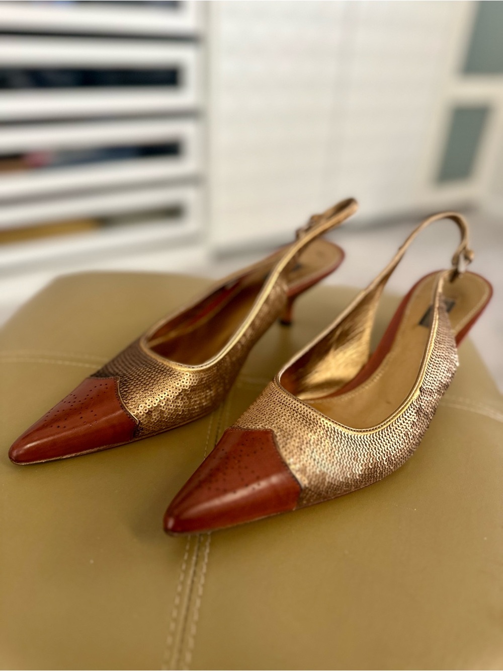 Prada Vintage Pointed Slingback Heels brown leather and sequins. Size 39.5 - Picture 1 of 10